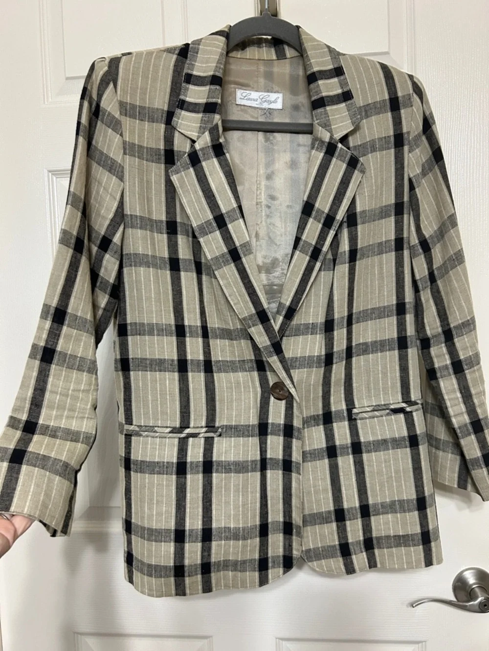 Laura Gayle Linen Black and Tan Plaid Single-Button Blazer Lightweight Summer - Picture 1 of 15